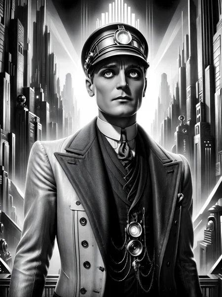 man, futuristic,1920s, black and white,<lora:Metropolis_Movie_Style_SDXL:1> mad-ropolis-movie, (masterpiece:1.2), best quality, (hyperdetailed, highest detailed:1.2), high resolution textures