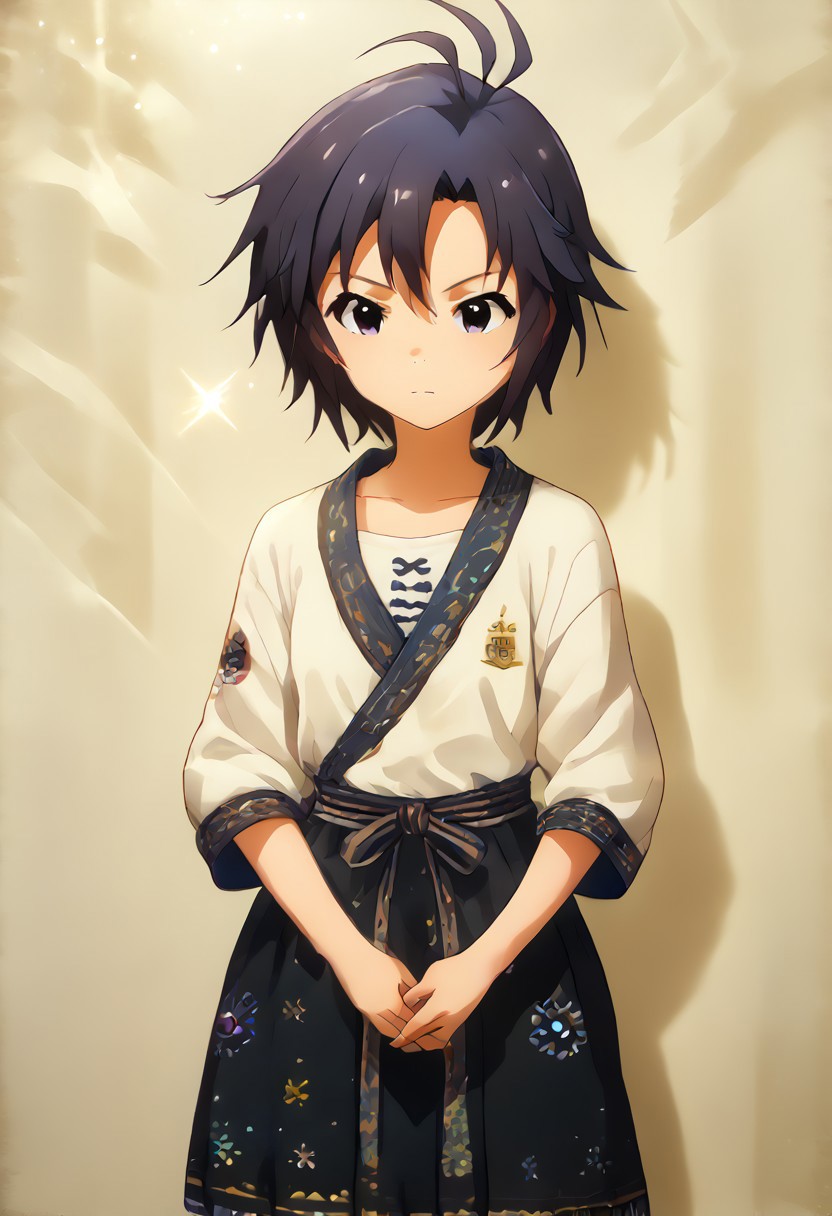 score_9, score_8_up, score_7_up, source_anime, stage lighting, backdrop, kkcmkt, 1girl, solo, standing, musical genius Kikuchi Makoto is performing a meditative folk song, sharp_LASCALAE, ultra sharp focus, <lora:500SharpCivitai_Lascalae:1> short hair, black hair, antenna hair, hair between eyes, black eyes, flat chest, small breasts,<lora:KikuchiMakoto_pony_v1:0.9> best_of, dark background, shadow, contrast, <lora:Best_Of_Pony_v11_Dream:1>