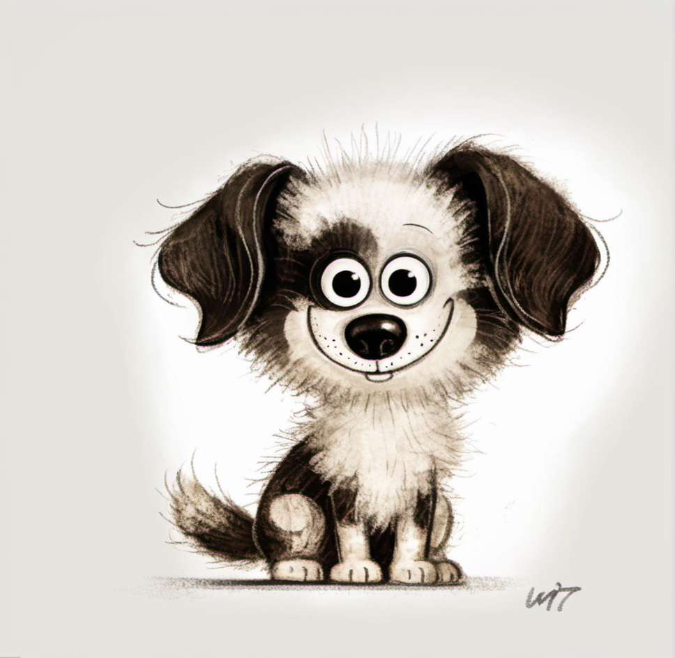 cartoon dog, illustration, puppy, black and white, fuzzy fur, big eyes, happy expression, smiling, sketch style, playful, cute, standing pose, ears floppy, simplistic background, hand-drawn, whimsical, childrenâs book character, light texture, sign off "WR17", brown and white tones. <lora:æ½¦è-000012:0.8>,