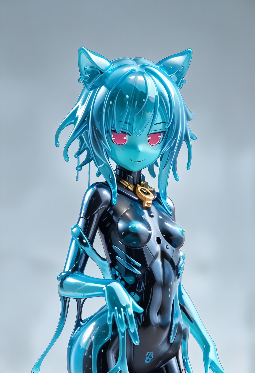 mcnm, lilandavastyle, (transparent), score_9, score_7_up,masterpiece,best quality,extremely detailed,absurdres,detailed background,nsfw,Expressiveh, 1girl, solo, mgqbslime, slime girl, transparent slime, frosted glass slime, colored skin, black skin, teal skin, cat ears, small breasts, pink eyes, nipples,temple, smile
