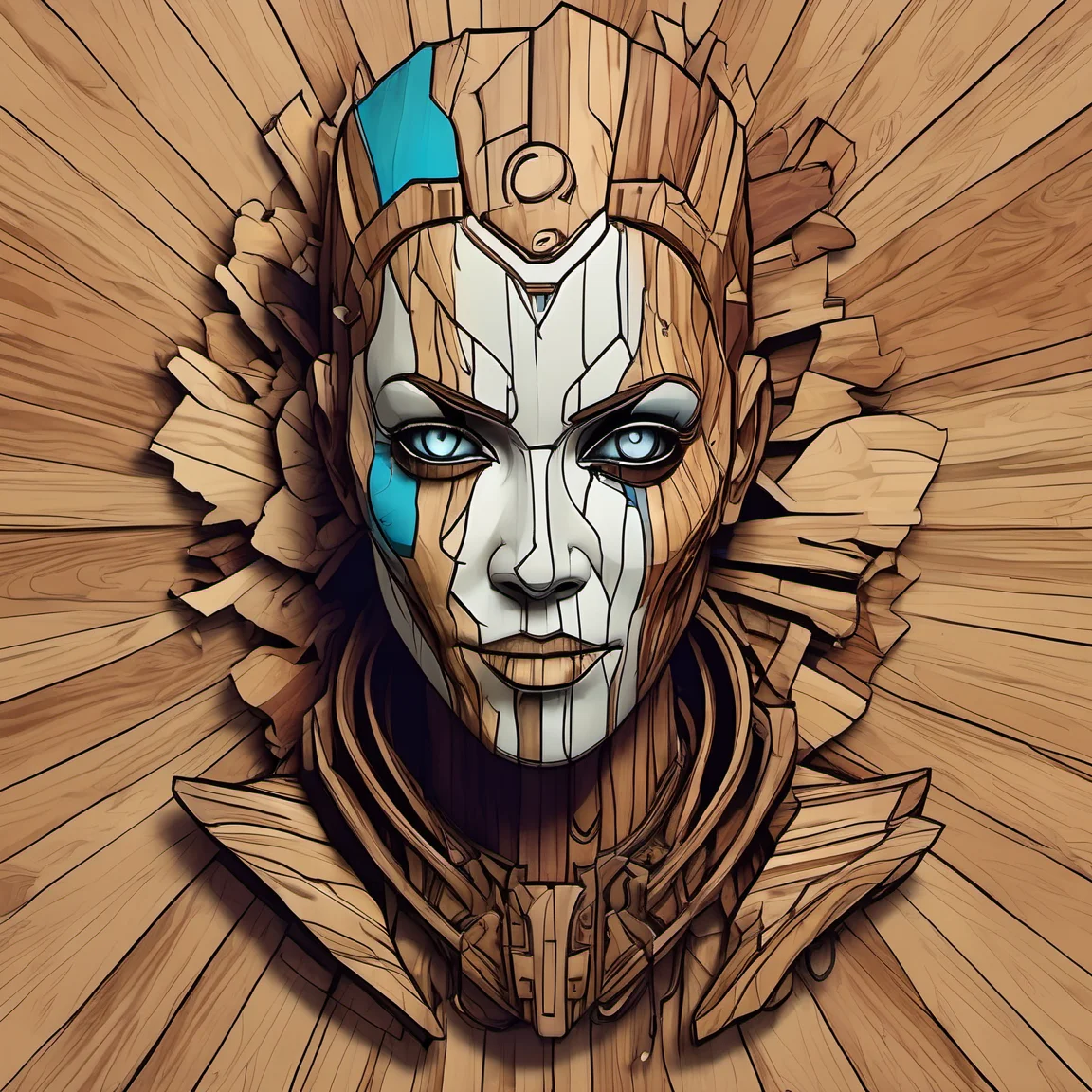 woodenart,wooden,<lora:woodenart:1>,, anthropomorphic, beautiful, borderlands 3 psycho portrait, colourful vector, graphic novel, grunge