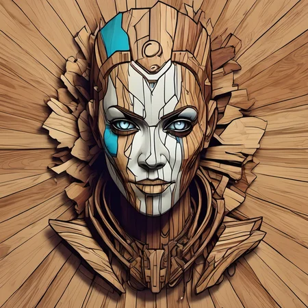 woodenart,wooden,<lora:woodenart:1>,, anthropomorphic, beautiful, borderlands 3 psycho portrait, colourful vector, graphic novel, grunge