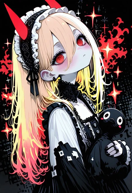 masterpiece,  best quality, good quality, very awa,  very aesthetic, absurdres, newest, oc-chan_(ketopon), 1girl,power \(chainsaw man\), long hair,neon horns, red eyes, ringed eyes, neon blonde hair, neon horns, red eyes,BREAK, 
glowing hair, sci-fi,  ong bioluminescent glowing hair, ,glowing neon, ,upturned eyes,wabi sabi,, holofoil glitter, faint, glowing, ethereal, beautiful face, beautiful eyes,, (petite:1.7),convenient censoring, perfect fingers, big eyes,, head tilt, blush, lewd,BREAK,
, expressionless, black nail polish, looking at viewer, pale skin, frilled hair band, goth fashion, frilled dress, high collard,lace trim, square neckline, hugging,hugging stuffed animal, black duck, bandaid, bandages, upper body, black halftone background, dark theme,chromatic aberration, from above, dutch angle, limited palette, no lineart, no outline,painterly, blending, flat color, 15546+456868, r17329_illu,flatline,haiz_ai,sometyome_illu