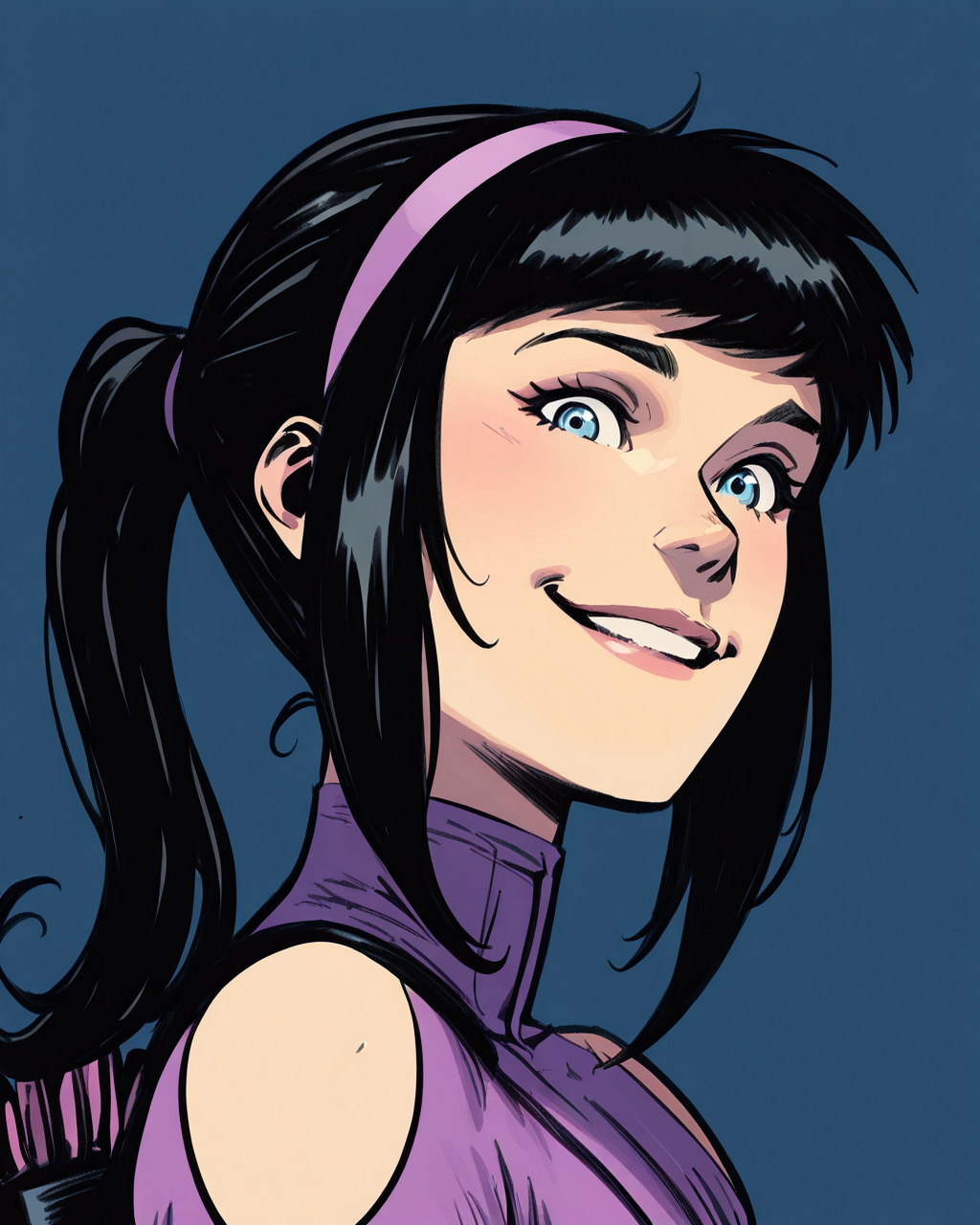 masterpiece, best quality, absurdres, perfect quality, absolutely eye-catching,  <lora:StefanoCaselliIllus:1> scaselli,  <lora:KateBishopIllus:1> katebishop, 1girl, black hair, sidelocks, ponytail, blue eyes, bodysuit, clothing cutout, gloves, looking at viewer, portrait, hairband, from side, smile,