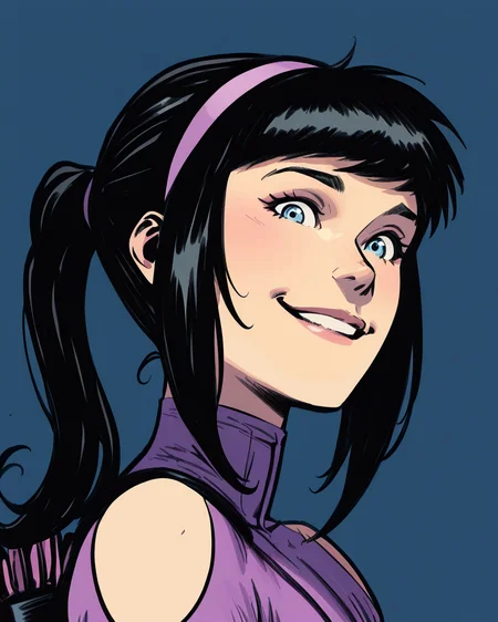 masterpiece, best quality, absurdres, perfect quality, absolutely eye-catching, <lora:StefanoCaselliIllus:1> scaselli, <lora:KateBishopIllus:1> katebishop, 1girl, black hair, sidelocks, ponytail, blue eyes, bodysuit, clothing cutout, gloves, looking at viewer, portrait, hairband, from side, smile,