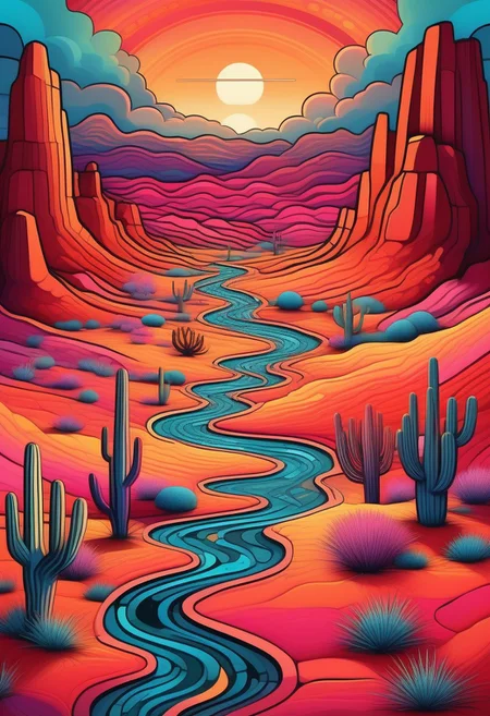 Rolling desert landscapes of the American Southwest in a vibrant psychedelic style, with bold, surreal colors separated by sharp black lines, creating a stained-glass effect. Towering red rock formations and mesas in the distance, stylized with vivid hues of orange, pink, and turquoise. Sparse desert vegetation like cacti and sagebrush rendered in exaggerated, kaleidoscopic patterns. A small pueblo-style village nestled in the valley, its adobe structures glowing with warm, earthy tones. The sun setting in a fragmented, geometric sky, casting a dreamlike glow over the scene. Highly detailed, surreal composition, inspired by psychedelic art and Southwestern aesthetics, 8K resolution, vivid and trippy yet harmonious color palette, a mesmerizing and otherworldly mood.
linquivera