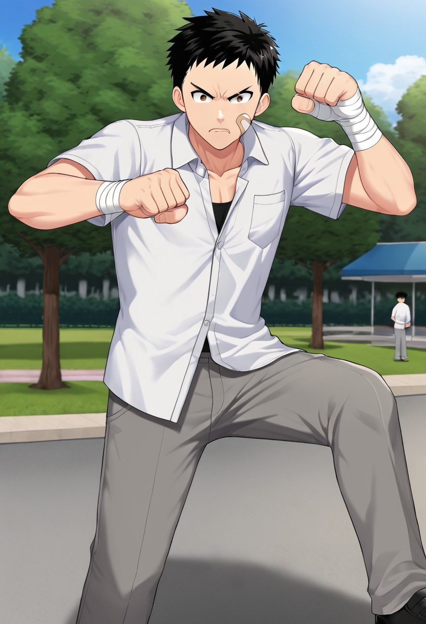 harmard, black hair, short hair, brown eyes, 1boy, solo, solo focus, wear white shirt, unbuttoned shirt, chest pocket, black t-shirt, grey pants, plaster on cheek, bandage on hands, at park, outdoor, fight pose, furious expression