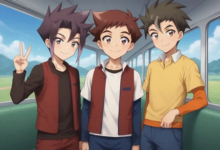 score_9, score_8_up, score_7_up, source_anime, highly detailed, 3boys,
hayato, 1boy, brown hair, male focus, brown eyes, spiked hair, shirt, white shirt, stripe, blue stripe, long sleeves, blue sleeves, BREAK
akita, 1boy, male focus, black hair, bangs, multicolored hair, purple hair, black shirt, grey eyes, crimson t-shirt, red vest, long sleeves, BREAK
tsuranuki, 1boy, male focus, shirt, pants, blue pants, brown eyes, spiked hair, long sleeves, yellow shirt, orange sleeves, collared shirt, BREAK
outdoor, train, shinkansen, sky,
posing for a photo, smile, v sign, friends,