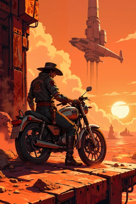 On the metallic, sun-scorched surface of a derelict space station, a lone space cowboy leans against his hovering bike, his cybernetic arm resting casually on the handlebar. His hat, made from darkened leather and adorned with the emblem of an outlaw gang, casts a shadow over his sharp, chiseled jaw. Above him, the twin suns of a distant binary star system burn brightly, their harsh light reflecting off the stationâs crumbling spires and casting long shadows across the barren, rust-covered landscape. His boots, caked with red dust from a hundred different worlds, kick up small clouds as he shifts his weight, eyes scanning the horizon where distant ships flicker like stars. The station itself, half-collapsed and forgotten, stands as a relic of a bygone age, its once-grand corridors now home to scavengers and outlaws alike. The cowboyâs blaster, a sleek, high-caliber energy weapon, hangs loosely in its holster, glowing faintly with the telltale light of a recent charge. His gaze is fixed on the shimmering silhouette of a ship descending from the sky, a long-awaited arrival that will settle an old score. The air crackles with the anticipation of a showdown, the calm before the storm in this dusty corner of the galaxy.<lora:XRSTYLE_FLUX:0.5><lora:RetroAnimeFluxV1:0.4><lora:MoriiMee_Gothic_Niji_Style_FLUX:0.3>