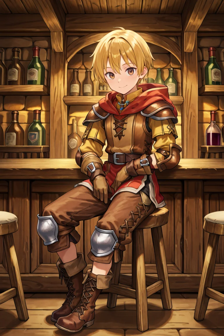 <lora:Canaan:0.8> , CaDef, solo, 1boy, brown eyes, short hair, blonde hair, red hood, hood down, shoulder pads, elbow pads, armor, brown pants, capri pants, brown armor, cross-laced clothes, yellow sleeves, brown gloves, gloves, brown boots, boots, full body, sitting, smile, closed mouth, tavern, bar, wine shelves, wooden countertop, windows, tavern room, adventurer's guild, sitting, bar stool, medieval fantasy, exterior, looking at viewer, solo, masterpiece, very aesthetic, absurdres, best quality, amazing quality, high resolution, detailed background, <lora:illustrious_quality_modifiers_masterpieces_v1:0.8> , <lora:ChamIllustriousBackgroundEnhancer:0.5>