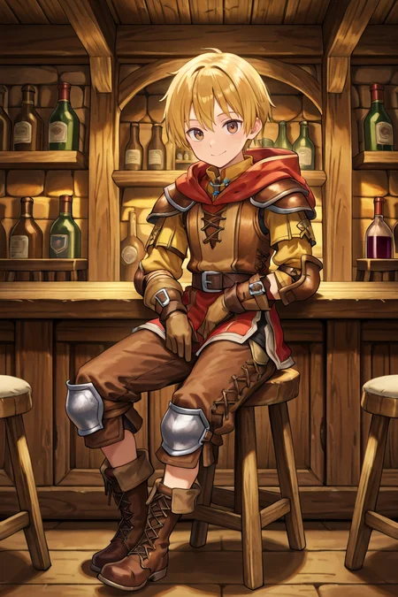 <lora:Canaan:0.8> , CaDef, solo, 1boy, brown eyes, short hair, blonde hair, red hood, hood down, shoulder pads, elbow pads, armor,  brown pants, capri pants, brown armor, cross-laced clothes, yellow sleeves, brown gloves, gloves, brown boots, boots, full body, sitting, smile, closed mouth, tavern, bar, wine shelves, wooden countertop, windows, tavern room, adventurer's guild, sitting, bar stool, medieval fantasy, exterior, looking at viewer, solo, masterpiece, very aesthetic, absurdres, best quality, amazing quality, high resolution, detailed background, <lora:illustrious_quality_modifiers_masterpieces_v1:0.8> , <lora:ChamIllustriousBackgroundEnhancer:0.5>