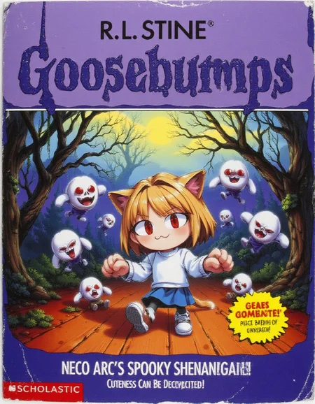 The image is a photograph of a book cover for "R.L. Stineâs Goosebumps: Neco Arc's Spooky Shenanigans". The cover features a whimsical yet eerie illustration of Neco Arc, the chibi character with short, messy light tan hair, red eyes, and cute cat ears. Sheâs dressed in a cozy white sweater and a blue skirt, but her playful demeanor is overshadowed by a chilling aura. The title "R.L. Stineâs Goosebumps" is written in vibrant purple letters that appear to be dripping with a shadowy mist, while the subtitle "Cuteness Can Be Deceptive!" is displayed at the bottom alongside "Scholastic".
In the center, Neco Arc is depicted in a playful pose, but her mischievous smile hints at something sinister lurking beneath the surface. Surrounding her are ghostly apparitions of playful spirits, floating around with wide grins and glowing eyes, creating an unsettling juxtaposition between her cuteness and the eerie atmosphere.
The background shows a dark, enchanted forest with twisted trees and glowing, floating orbs of light that flicker ominously. The sky is a deep shade of midnight blue, dotted with eerie stars that seem to watch Neco Arcâs every move. Shadows loom in the distance, suggesting that while she may look cute, her antics lead to unexpected and possibly spooky adventures. The overall atmosphere combines whimsy with a hint of danger, drawing readers into a world where appearances can be deceiving., flat chest