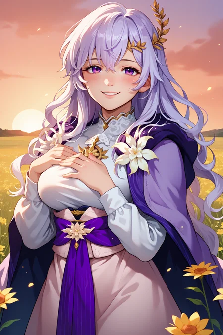 score_9, score_8_up, score_7_up, score_6_up, source_anime, 1girl, solo, <lora:fedeirdre-pdxl-nvwls-v1-000006:1> ftsdrd, wavy hair, white hair, long hair, purple eyes, hair ornament, white gown, purple cape, sash, long sleeves, flower, big breasts, looking at you, hand on own chest, smile, blush, sunset, field