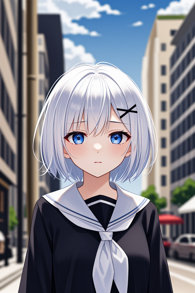 1girl, short hair, (white hair:1.2), x hair ornament, blue eyes, 
outdoors, detailed background, city, 
neckerchief, 
serafuku, 
 <lora:SiestaV1.0-000001:1> siesta diad,, <lora:LCM_LoRA_Weights_SD15:1>