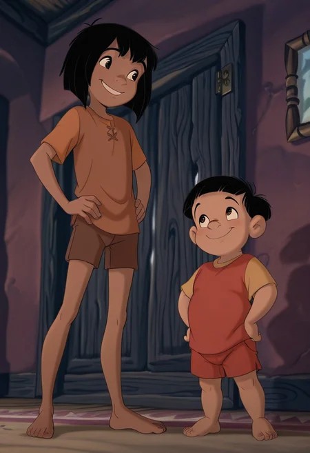 score_9, score_8_up, depth of field, masterpiece, best quality, amazing quality, very aesthetic, absurdres, newest, very awa, shadow, fullbody, full body shot, full body portrait, official artstyle, cartoon style, cute, from below, smile, barefoot, standing, hands on hips, big smile, heroic pose, animated style, Disney style
BREAK
2boys, duo, side by side, looking at each other, 
1boy, MowgliTheJungleBook, 1boy, brown skin, brown eyes, black eyebrows, medium-length black hair, shorts, shirt, , slim, barefoot, size difference, age difference, 
1boy, RanjanTheJungleBook, 1boy, brown skin, brown eyes, black eyebrows, trimmed bowl-cut black hair, shorts, shirt, slightly chubby, barefoot