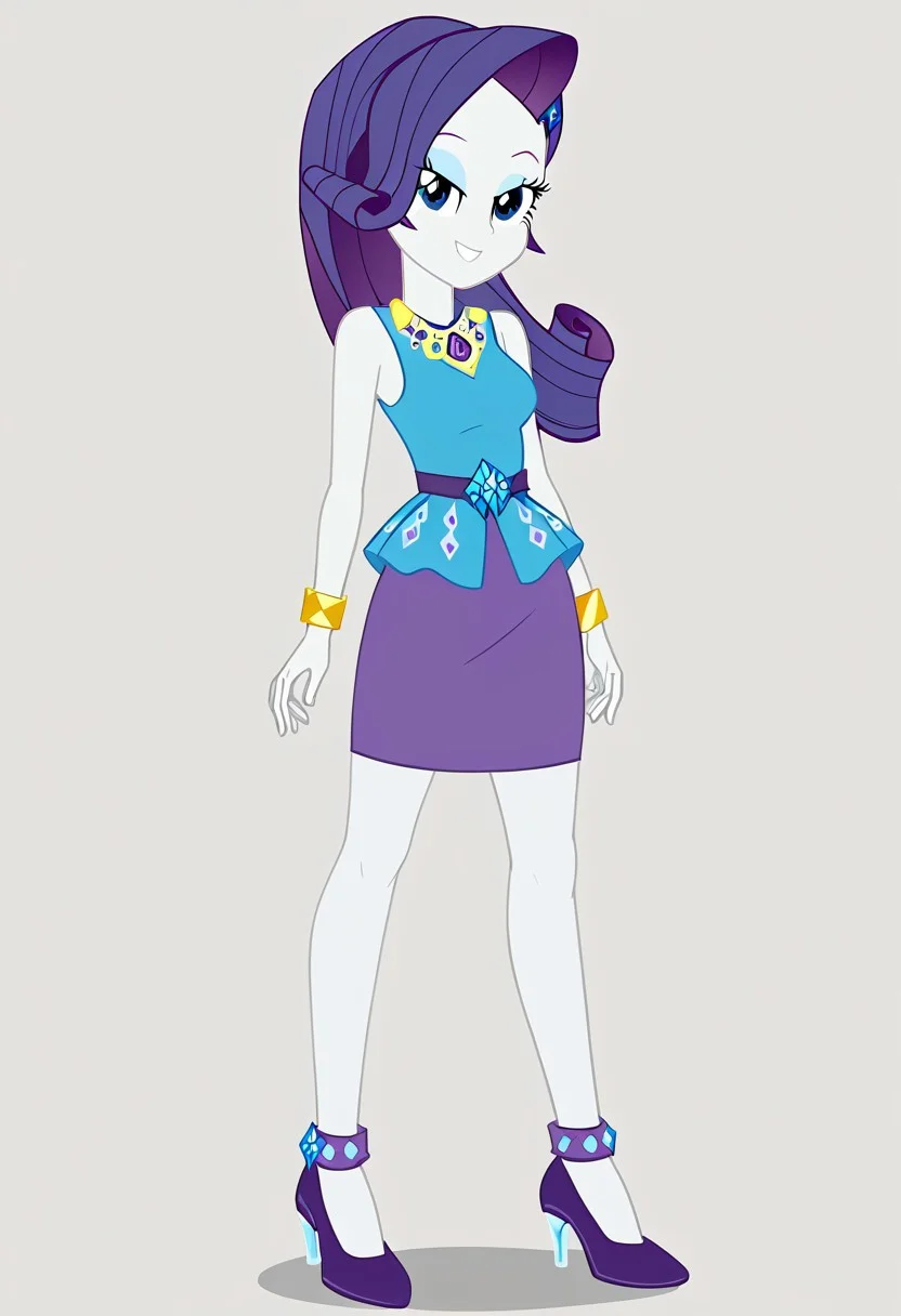Score_9, Score_8_up, Score_7_up, Volumetric lighting, Tone the entire body, source_cartoon, source_cartoon, Official, rarity, equestria girls, bracelet, clothing, dress, woman, shielding geode, high heels, jewelry, legs, rarity peplum dress, shoes, skirt, Full body, sexy and sensual, sexy model body, Smiling, seductive and sensual look, Alone, one person, 1 girl, Mature and sexy body, legs apart, sexy and sensual legs, Standing