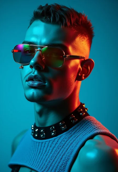 A studio character photography of a 30ish male model with short buzz cut ashen hair. His face is squarish with strong jaw lines. And a neatly trimmed short cut beard. He looks provocativly into the camera. He wears golden mascara and golden cheek studs. And coloured mirroring sunglasses that show golden and cyan reflections.
He wears a black collar band with studs that reflect the neon cyan and gold lights.
He wears a cyan knitted cleaved crop top that reveals his strong chest muscle and collar bones.
The viewpoint is set on eye-level, catching his face as he turns it into the camera. 
The scene is smoothly lit, strong golden rinlights set the character apart from an uniform darker tone of cyan.