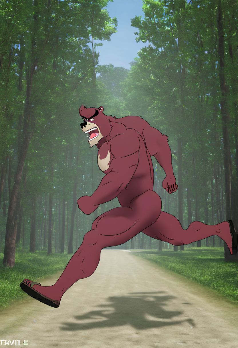solo male, kumatetsu, anthro, bara, bear, running, forest background, high quality, 4k, super sample, super detailed, fantastic quality, fantastic art