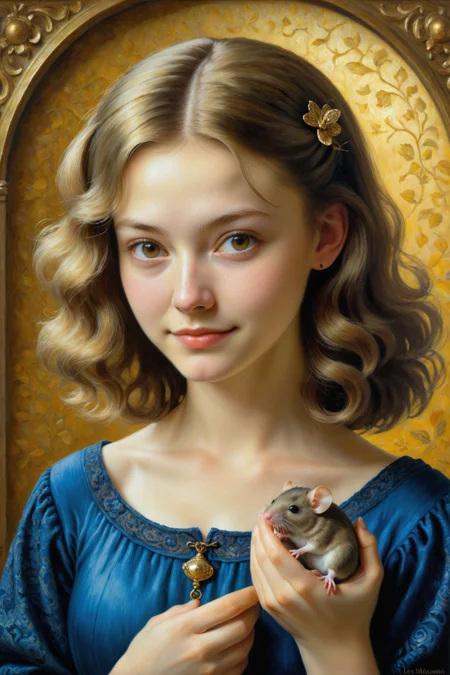 by Victor Nizovtsev and Lois van Baarlein the style of Georgina Goodwin, cute 18 year old woman and her pet mouse, oil painting <lora:oil_painting_envy_anime:0.60>, by Leiji Matsumoto and Mark Briscoe <lora:more_art:0.30><lora:clothing_slider:2.00><lora:great_lighting:1.30><lora:aesthetic:1.15><lora:photorealistic_portrait:1.25><lora:RMSDXL_Enhance:0.45><lora:RMSDXL_Creative:0.35><lora:RMSDXL_Photo:0.45><lora:RMSDXL_Darkness_Cinema:0.50><lora:XDetail_heavy:0.45><lora:perfect_eyes:0.15><lora:perfect_hands:0.15><lora:midjourney:-0.15><lora:looking_at_viewer:0.75><lora:dpo:0.25>