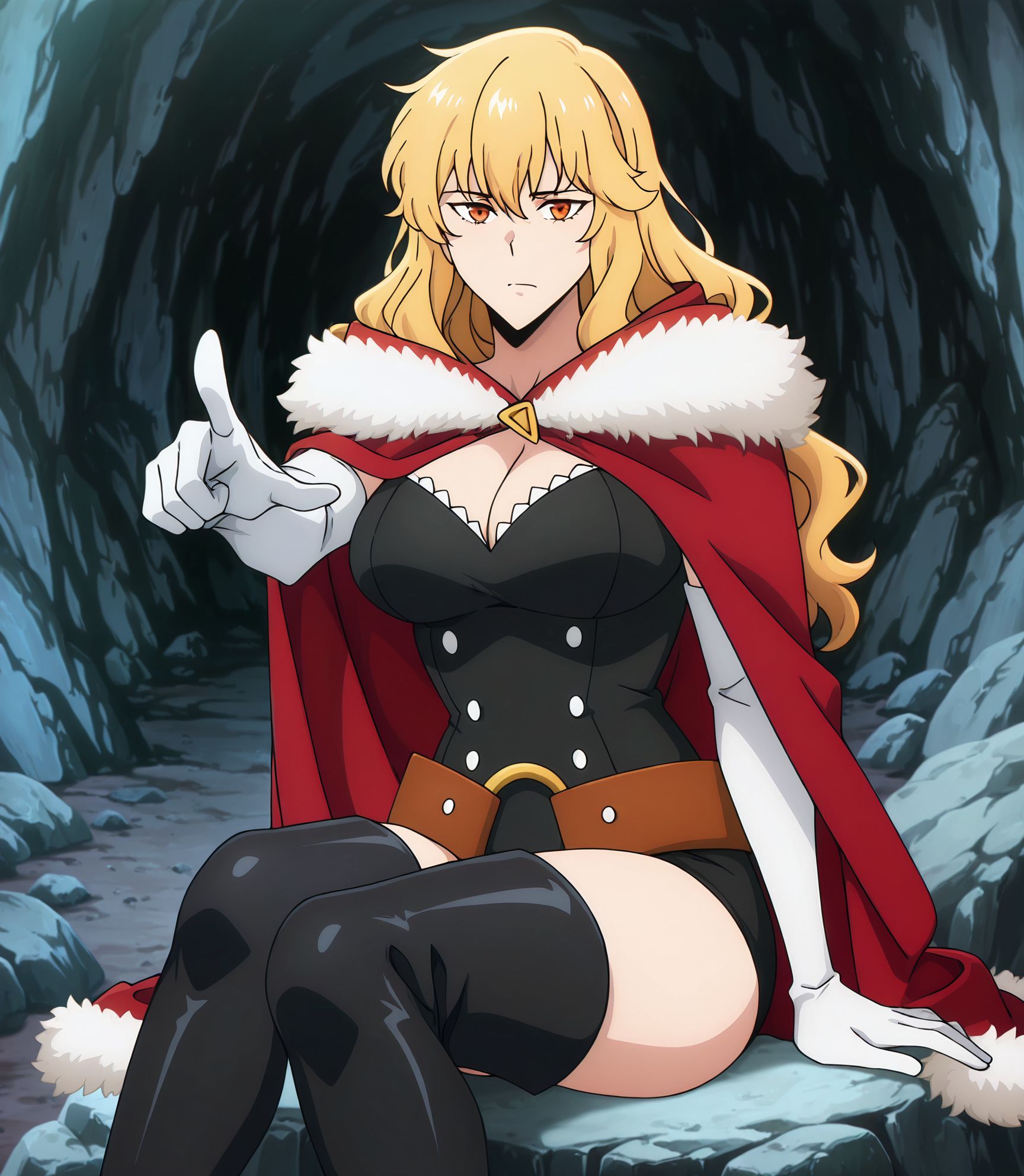 masterpiece, best quality, newest, absurdres, highres, detailed eyes, beautiful, detailed background, perfect eyes, anime coloring, anime screencap,
<lora:My_dad_got_the_MVP:1>My dad got the MVP,
Look for your own problems,pointing with one finger,
1boy,male focus,indoors, sitting, parody,solo,looking at viewer,
look for your own problems,pointing with one finger,
cave, dark them,rock, 
<lora:SoloLeveling_Gina_IlluXL:0.9>, 1girl, solo, closed mouth, wavy hair, blonde hair, long hair, orange eyes, GinaSL, fur-trimmed cape, red cape, black leotard, cleavage, large breasts, buttons, elbow gloves, white gloves, brown belt, thigh boots, black footwear,