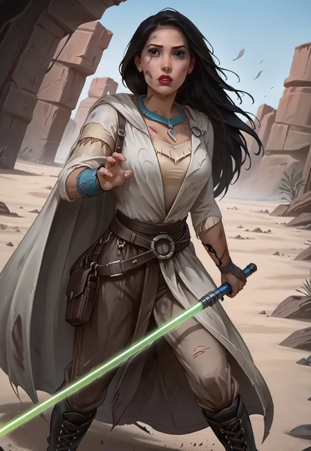 safe_pos, ((zPDXL3)), OZRN, digital art, score_9,score_8_up,score_7_up,score_6_up, face focus, waist-up portrait, absurdres, masterpiece, high res, detailed,
1girl, solo, (((DisneyPocahontas, 1girl, black hair, black eyes, long hair, dark skin))), necklace, feathers, lips, dark skin, Native American, (d4rkr3v4n4rm0r, white robe, cape, hood down, breastplate, gauntlets, belt, pants, belt boots), (holding lightsaber, green lightsaber), calm expression, makeup, beautiful woman, action pose,
BattleDamage, cuts, bruises,
in danger, distressed, alarmed, (combat stance),
dramatic, danger, dutch angle, dof, sand desert background, perfect, Hand, detailed, perfection, hands,
<lora:bastilashan:1> <lora:Battle_Damage:0.3> <lora:hand 4:0.5>