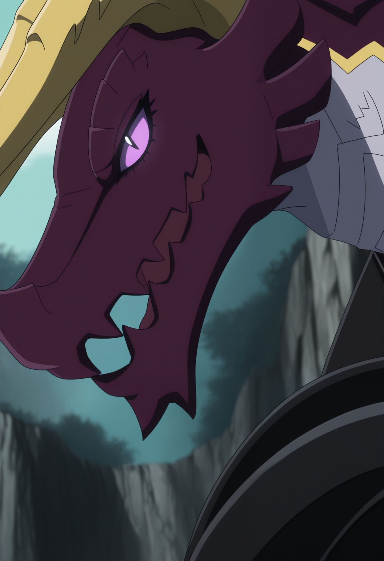 masterpiece,best quality,amazing quality, 1boy, solo, t4nn1n, purple sclera, black slit pupils, dragon, black pauldron, close up, side angle, smirk,