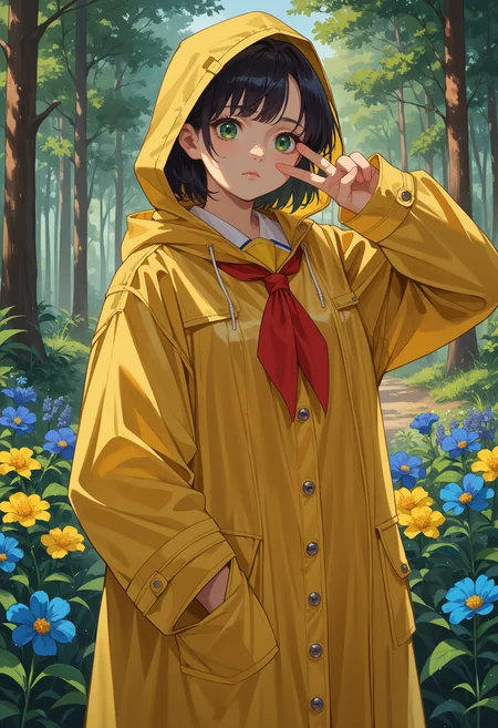 score_9, score_8_up,score_7_up, source_anime, 1girl, solo,
vgtsav, hand on own face,
<lora:VctryVsg_pdxl_EliPot:1>
yellow raincoat,black hair,long sleeves,soma michiko,short hair,closed mouth,looking down,hood down,blue flower,standing,hood,flower,red neckerchief,raincoat,cowboy shot,neckerchief,open clothes,green eyes, outdoors, forest, day,
