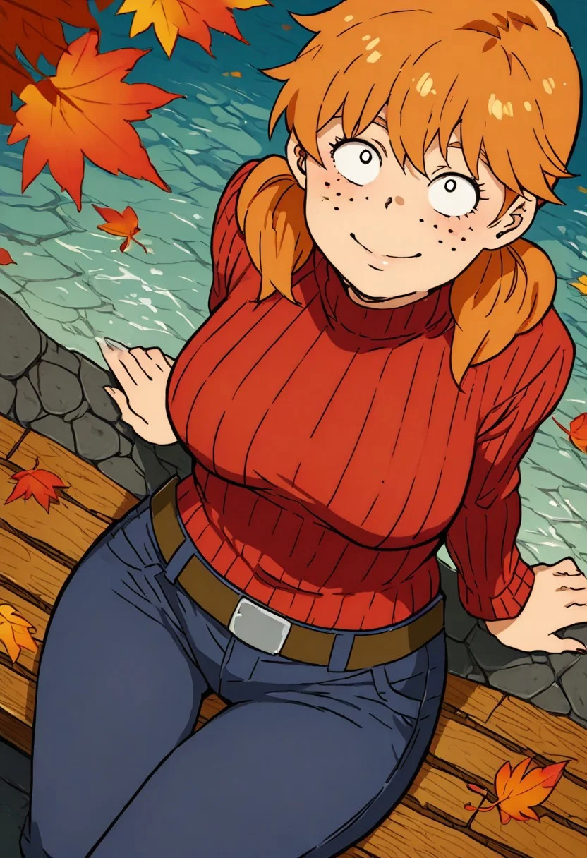 source_anime, 1girl, solo, mezgakriszta, beautiful orange hair, low short twintails, freckles, beautiful black eyes, clear eyes, bright pupils, piercing eyes, huge and shaggy breast, thin waist, wide hips, beautiful skin, sexy beauty, extraordinary beautiful woman, attractive woman, super sexy woman, lustful body, sexy woman with seductive obscene body, sensual body, voluptuous body, anime coloring, rating_safe, day, natural lighting, autumn theme, autumn leaf, leaves, water, water ripple, female focus, looking up at viewer, sitting, smiling, constricted pupils, closed mouth, autumn clothes, sweater, pants, girly, 1girl, blurry outdoors, from above, dutch angle, intricately detailed illustration, atmospheric perspective, depth of field,<lora:teisou_kannen_zero_no_onna_tomodachi_style:1> , teisou_kannen_zero_no_onna_tomodachi_style