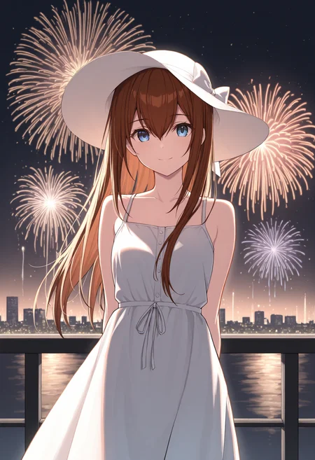 masterpiece, best quality, 1girl, solo, mak1se, long hair, brown hair, hair between eyes, straight hair, sundress, white dress, fireworks, aerial fireworks, outdoors, arms behind back, blue eyes, sun hat, night, night sky, city lights, looking at viewer, closed mouth, smile