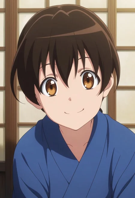 masterpiece,best quality,amazing quality, senke shinobu, brown hair, japanese clothes, blue kimono, brown eyes, 1girl, solo, smile, looking at viewer, anime coloring, upper body
