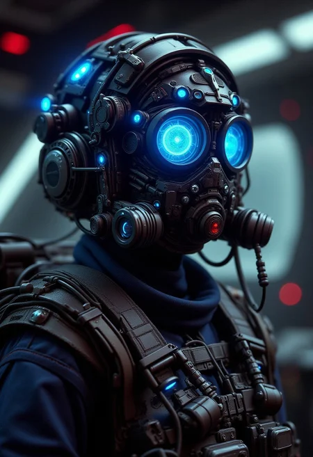 FFAOR, 1woman, sci fi pilot, sci fi equipment, glowing blue visor over eyes