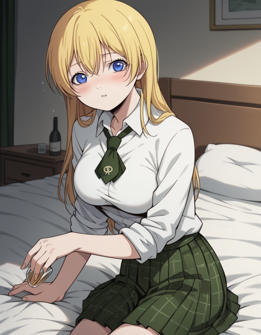 score_9, score_8_up, score_7_up, source_anime,
btooomhimiko, <lora:btooom-himiko-s1-ponyxl-lora-nochekaiser:1>,
himiko, long hair, blue eyes, blonde hair, large breasts,
skirt, shirt, school uniform, white shirt, pleated skirt, necktie, plaid, plaid skirt, sleeves rolled up,
indoors, bed, bed room, on side, blush, drunk,
looking at viewer, cowboy shot, solo, dutch angle