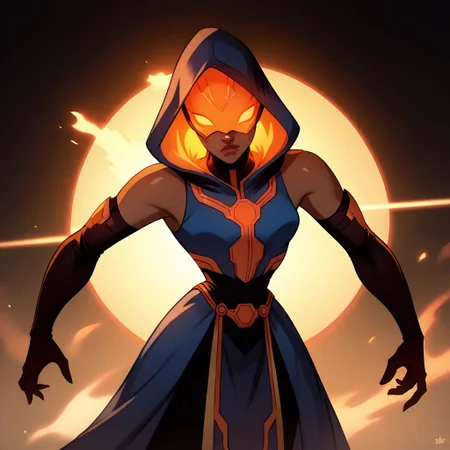 dcaustyle, asdfm3cha, score_9, score_8_up, score_7_up, score_6_up, rating_safe, 1girl, solo, action-pose, magic, dark-skinned-female, toned, short-orange-hair, blue-hood, blue-sleeveless-robes, black-elbow-gloves, castle, dynamic-lighting