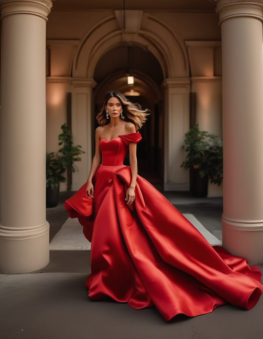 A stunning full-body portrait of a woman in a strapless red satin gown with a fitted bodice and a full, flowing skirt. The gown features a dramatic train, her hair styled in soft waves, her lips painted a bold red to match the dress. <lora:usual-portrait-v2:1>
