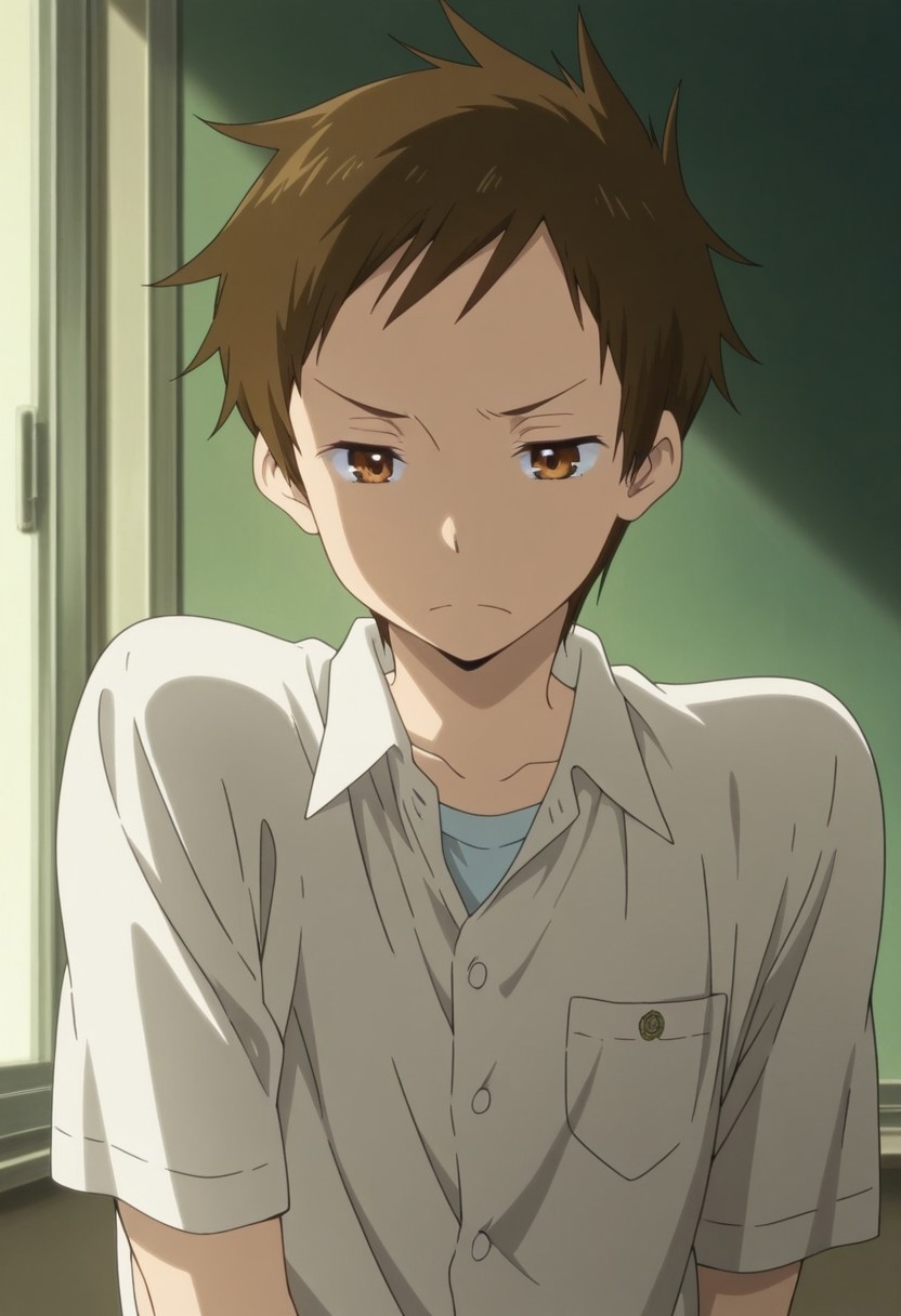 masterpiece,best quality,amazing quality, source_anime,
SatosFukube, 
1boy, male focus, solo, brown eyes, brown hair, school uniform, shirt, white shirt, collared shirt, short sleeves,