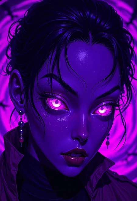 An extreme close-up of a hauntingly photorealistic character's face, illuminated by intense, jagged backlighting that casts an unsettling, otherworldly glow, set against a swirling, solid violet background that seems to pulse with dark energy. The bold, rich violet tone contrasts starkly with the harsh, dramatic lighting, creating a surreal, almost three-dimensional effect. Every facial feature is rendered in exquisite, hyper-detailed clarityâsharp, defined, and deeply expressive, with subtle, intricate shadows carving out every contour and crease. The subject's eyes glow faintly with an unnatural light, their pupils reflecting faint, fractured traces of the eerie violet backdrop. The overall composition is cinematic and deeply immersive, blending the gritty realism of a dark fantasy oil painting with the stylized intensity of manga. Dark, foreboding, and unsettling, the image exudes an aura of creeping dread, as if something sinister lurks just beyond the edge of perception. The character's skin is pale and flawless, yet unnervingly textured, with faint, almost imperceptible hints of shifting, inhuman features beneath the surfaceâa shapeshifter on the brink of transformation., hkmagic, anime_d4rk, alone, in a neon-lit NLSTN anime style, NLSTN, glowing, neon,.,extreme close-up, photorealistic character face, dramatic jagged backlighting, eerie atmospheric glow, solid swirling violet background, dark energy, hyper-detailed facial features, sharp focus, intricate shadows, cinematic composition, oil painting style, dark fantasy horror, manga influence, unnatural glowing eyes, fractured light reflections, pale flawless skin, subtle shifting inhuman features, shapeshifter, unsettling, foreboding, creeping dread, sinister presence, otherworldly, surreal, intense, immersive, highly stylized, intricate details, bold contrasting tones, atmospheric lighting, sharp clarity, dark fantasy elements, horror themes, eerie, scary, creepy, transformation hints, hkmagic, anime_d4rk, alone, in a neon-lit NLSTN anime style, NLSTN, glowing, neon,.,<lora:FantasyWizardWitchesFluxV2-000001:0.365> hkmagic,<lora:anime_dark_by_martz:0.27> anime_d4rk, alone,<lora:NLSTN-F:0.194> in a neon-lit NLSTN anime style, NLSTN, glowing, neon,<lora:zy_Dark_Fantasy_Flux:0.4>
