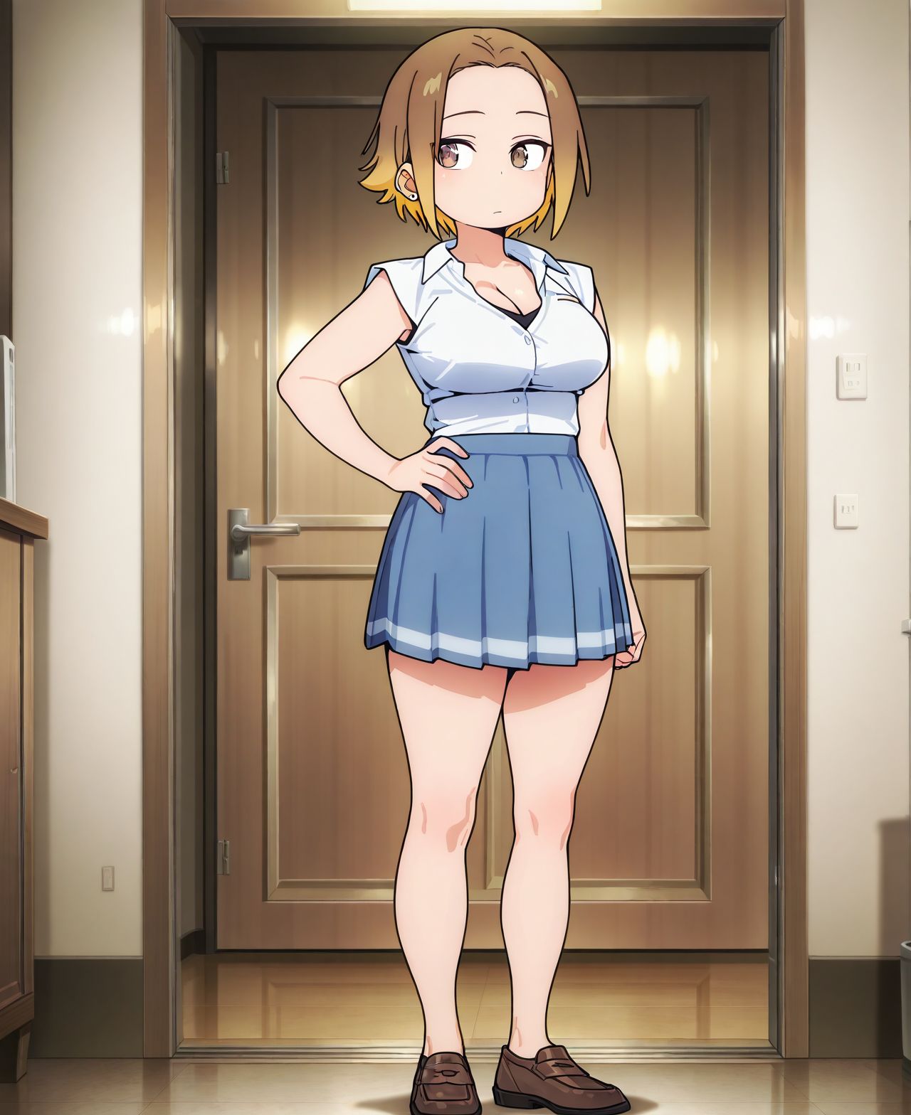 <lora:add-detail-xl:0.5>,,masterpiece,best quality,anime coloring,anime screenshot,
<lora:Ruri_Rocks_V2:1>Ruri_RocksV2,
1girl,solo,skirt,breasts,shirt, multicolored hair, sleeveless, 
cleavage,short hair,brown hair, blonde hair,  pleated skirt,short sleeves, 
r_aoi,brown eyes,standing, full body,parted bangs, forehead, 
standing,  looking to the side, hand on own hip,