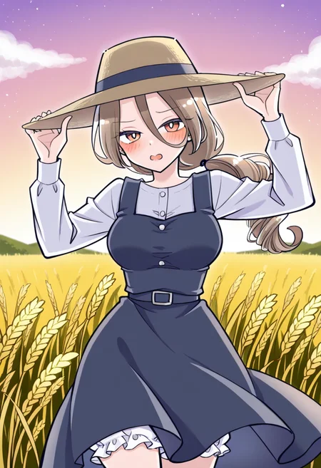 1girl, solo, shino sakisaki, mom, long hair, brown hair, hair between eyes, brown eyes, gradient eyes, red eyes, looking at viewer, low ponytail,
layered pinafore over puffed sleeve blouse, buttoned bodice, soft bloomers visible below hem, cowboy shot, adjusting wide-brimmed straw hat, wheat field in background, scarecrow nearby, rows of tall golden stalks, pastel sky,
 <lora:Character_Shino Sakisaki Mom:1>