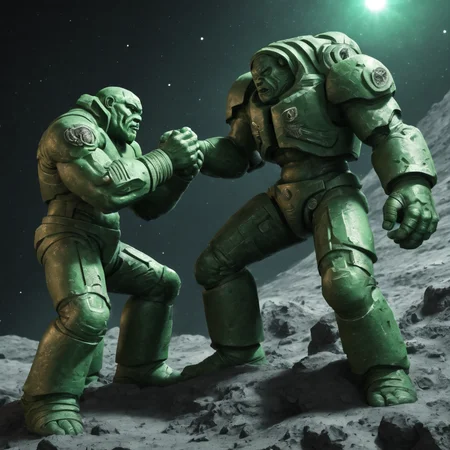 <lora:Space_Marine_Terminator_SDXL:1>, green trmntrs arm wrestling on an asteroid