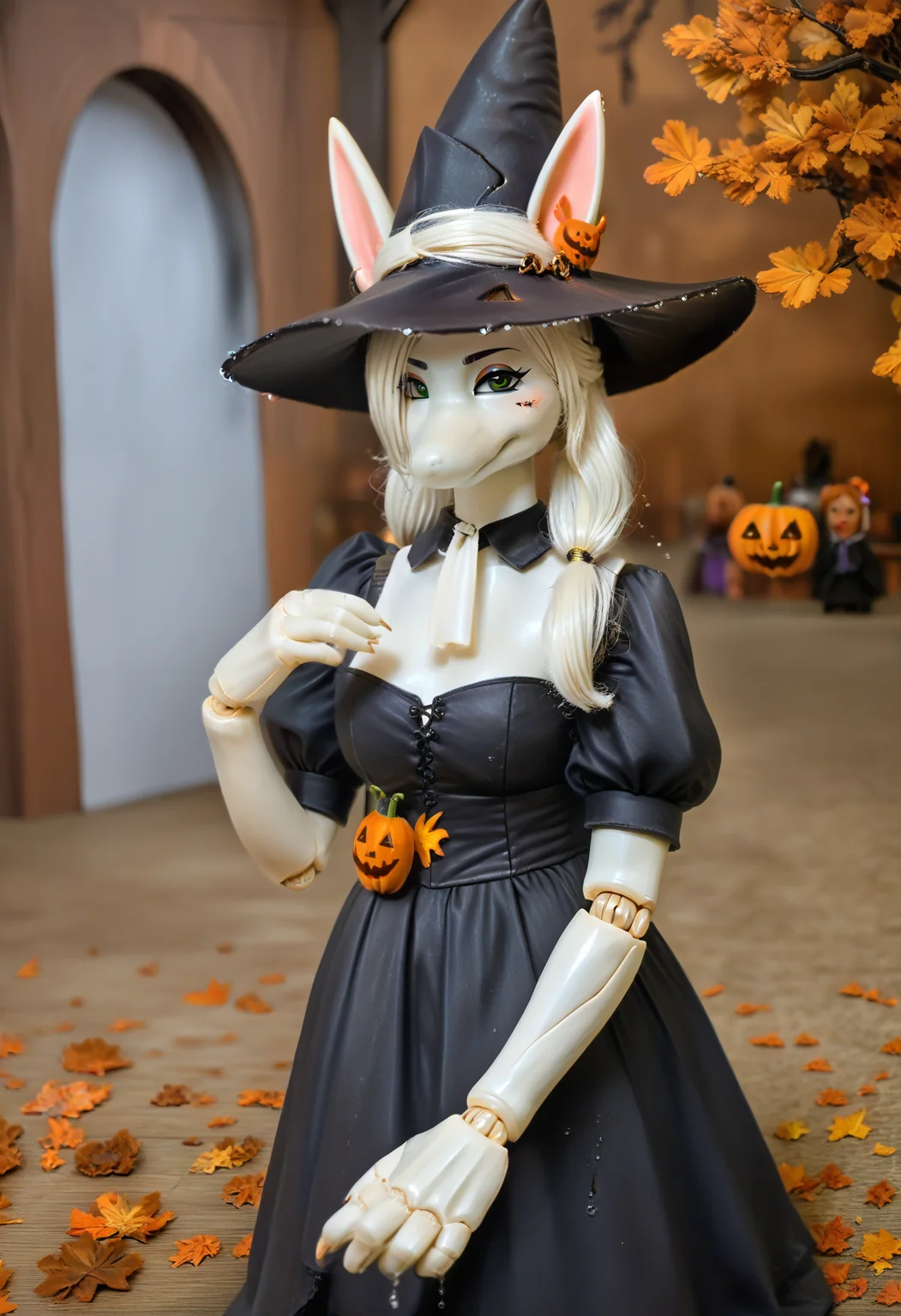 <lora:Freya1:0.9>, RAW, photo, realistic, solo, 1girl, detailed eyes, beautiful eyes, (toy, doll joints:1.2),
BREAK, FreyaC, white fur, white hair, pigtails, green eyes, dressed as a witch, witch hat, looking at viewer, smug, motherly, wet fur, bedroom eyes, tail, Halloween theme, autumn village background, elbow, blurry background, white headband, <lora:xl_more_art-full_v1:1>, <lora:add-detail-xl:1>, <lora:Photo 2 Style SDXL_LoRA_Pony Diffusion V6 XL:1>