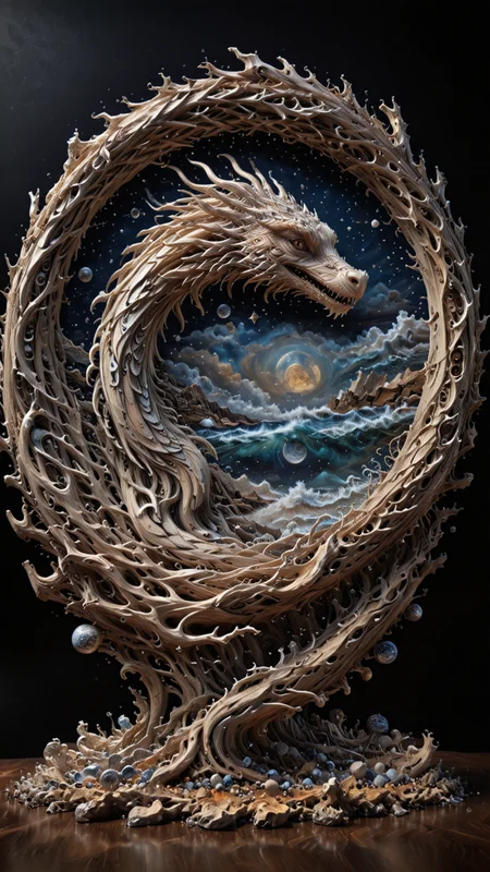 round plate on a display stand, hand Carved, 3D Seascape, abstract art, Carving, Ultra Intricacies, EPIC, <lora:3D_Framed_Wall_Art_-_By_DICE:0.4>, (3D Framed, Plate), <lora:Driftwood_Detailed_Art_-_By_DICE:0.8> , driftwood dragon, Painstaking Attention To Details, UHD, <lora:Milky-Way_Sky_-_By_DICE_For_Cosmogonaut:1>, Milky Way, Night sky <lora:Liquid_Fluid_Metal_XL_-_By_DICE:0.87>, SILVER LIQUID METAL