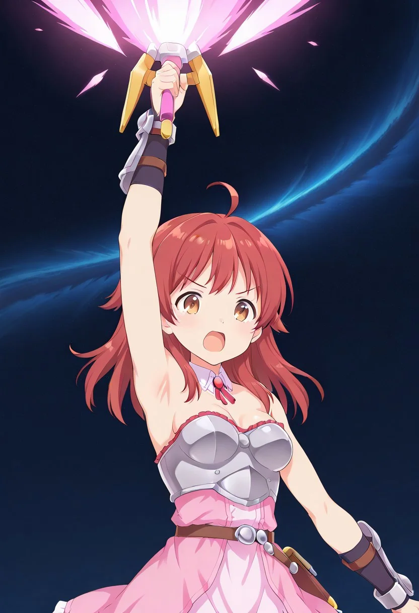 1girl, solo, hannalbdilus, red hair, medium hair, ahoge, brown eyes, detached collar, pink strapless dress, armor, arm_guards, bracers, breastplate,, medium breasts, holding beam weapon, transamraiser, pink beam, giant beam, one arm up, outer space, upper body, close up, straight on, open mouth, shouting,