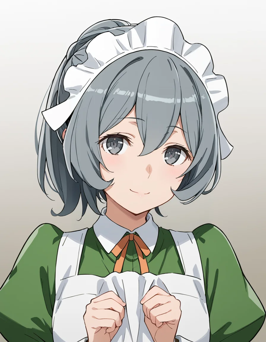 score_9, score_8_up, score_7_up, source_anime, BREAK
1girl, gradient background, solo, looking at viewer, upper body,
light smile, closed mouth,
syr flova, short hair, grey hair, ponytail, hair between eyes, grey eyes,
waitress outfit, maid headdress, neck ribbon, green dress, collared dress, neck ribbon, white apron, juliet sleeves,
<lora:syr_flova_anime-soralz:1>