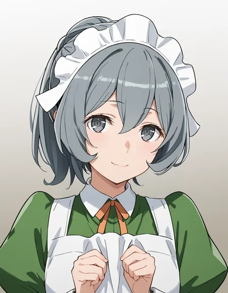 score_9, score_8_up, score_7_up, source_anime, BREAK
1girl, gradient background, solo, looking at viewer, upper body,
light smile, closed mouth,
syr flova, short hair, grey hair, ponytail, hair between eyes, grey eyes,
waitress outfit, maid headdress, neck ribbon, green dress, collared dress, neck ribbon, white apron, juliet sleeves,
<lora:syr_flova_anime-soralz:1>