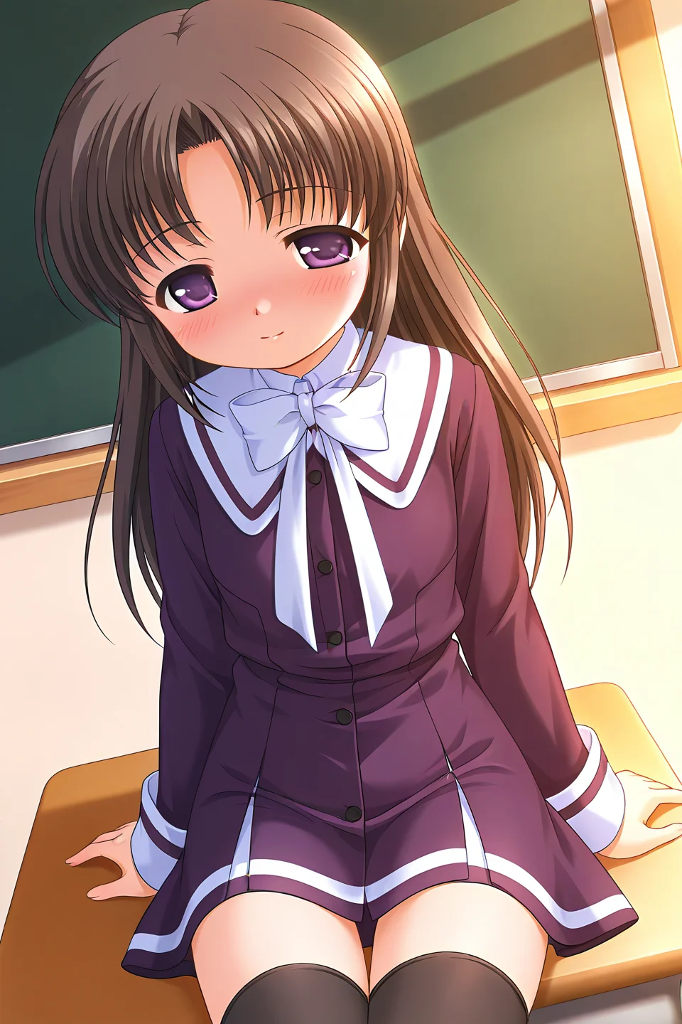 masterpiece, best quality, absurdres, official art, official style, general BREAK <lora:nonoharayui_IL_v1-3:0.7>, nonohara yui, 1girl, solo, purple eyes, brown hair, black hair, parted bangs, long hair, straight hair, flat chest, aged down, school uniform, white sailor collar, white bowtie, purple dress, sailor dress, buttons, long sleeves, white line, black thighhighs, leaning back, desk, sitting on desk, school desk, open mouth, arm support, classroom, thigh gap, dutch angle, embarrassed, half-closed eye, nose blush, dusk, sunset, on desk, blush, closed mouth, light smile, looking at viewer, shy