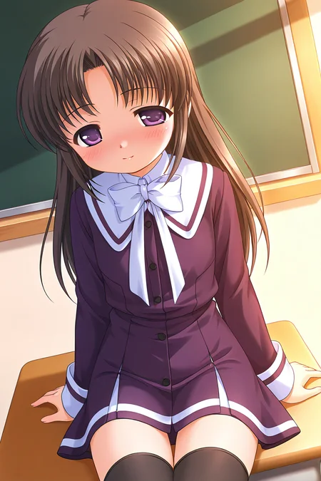masterpiece, best quality, absurdres, official art, official style, general BREAK <lora:nonoharayui_IL_v1-3:0.7>, nonohara yui, 1girl, solo, purple eyes, brown hair, black hair, parted bangs, long hair, straight hair, flat chest, aged down, school uniform, white sailor collar, white bowtie, purple dress, sailor dress, buttons, long sleeves, white line, black thighhighs, leaning back, desk, sitting on desk, school desk, open mouth, arm support, classroom, thigh gap, dutch angle, embarrassed, half-closed eye, nose blush, dusk, sunset, on desk, blush, closed mouth, light smile, looking at viewer, shy