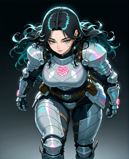 PonyScores7, source_anime, ah1, <lora:natsumi_style:0.5>, <lora:by_usakun-pony:0.4> by usakun, <lora:Akina_Bbw_Style_-_PonyXL:0.2> AkinBw
BREAK 1girl, (curly hair), long hair, (black hair:1.3), mature female, (parted hair:1.7), (round face:1.2), (thick eyebrows:1.5), (curvy), round-chin, (greenish hazel eyes), caucasian, (downturned eyes:1.4), (plump face), messy hair, <lora:Round_face:0.1>, <lora:ETO_OCPonyXL:0.5> eto_oc, skindentation, (plump), thick thighs, wide hips, busty, voluptuous, kinky curls, lips, <lora:venus body PonyXL:0.4>,  (Raised cheekbones, smile), (Extending a hand to reveal a hidden grotesque secret,), (Pink rose quartz crystals create a soothing and romantic ambiance within this cave), looking at viewer, (<lora:Some_Kind_of_Iridescent_Damascus_Steel_XL:0.8> Iridescent Damascus, (iridescent damascus armor:1.4),  sleek metallic with shifting colors of blue, silver, and gold, smooth surface with intricate texture, glowing subtle highlights, polished armor with minimalistic design, light reflections creating a fluid, liquid-like effect, modern and elegant armor with a futuristic feel, <lora:Terraformars:0.2> terraformarsmoviebodysuit, armored bodysuit, boobplate, shoulder pads, wrist guards, gloves, utility belt, belt pouch, hip armor, crotch plate, thigh armor, knee pads, shin guards, armored shoes)
BREAK <lora:xl_more_art-full_v1:0.2>, <lora:shinyskin2:0.2> glistening skin, <lora:aesthetic_anime_v1s:0.2>, <lora:Expressive_H:0.2> Expressiveh, <lora:hairdetailpxl:0.2> hairdetailpxl, <lora:EpicF4nta5yXL:0.2>, <lora:detailxl:0.2> detailxl, <lora:Fant5yP0ny:0.2>, best quality, amazing quality, best aesthetic, absurdres, <lora:expressive eyes:0.2> expressive eyes, <lora:eyedetailpxl:0.2> eyedetailpxl, illustration, Volumetric_Lighting, ultra-detailed, very aesthetic, intricate details, 8k, masterpiece, best_quality 
BREAK (Low angle view Extreme Close shot (focus on chest)) 
BREAK <lora:Eyes_High_Definition:0.3> EyesHD, Stable_Yogis_PDXL_Positives, AS-Adult, <lora:Complicated fantasy portrait - XL Pony V2.0:0.4>, bad-hands-5