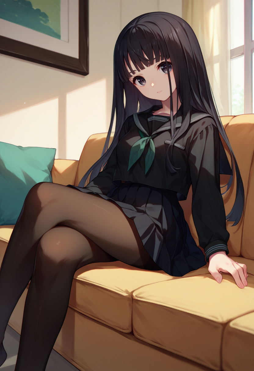 score_9, score_8_up, score_7_up, 1girl, Rinne, long hair, black hair, black eyes,  necktie, black serafuku, black skirt, white stripes, pantyhose,sitting, crossed legs, looking at viewer, couch, indoors,  <lora:Rinne DoRA5-000007:1>
