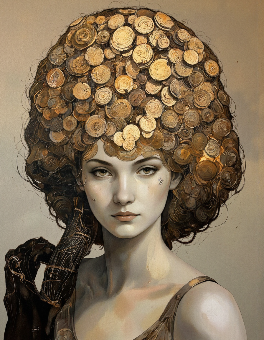 A modern painting abstract style by Victor Tkachenko.  Surreal, abstract style, featuring a highly detailed and expressive portrait of a woman. The subject's face is rendered with intricate, swirling lines and textures that evoke a sense of depth and movement. The woman's hair is depicted with a series of interlocking, circular patterns in shades of gold, brown, and black, giving it a voluminous, almost ethereal appearance. Her eyes are large and almond-shaped, with a soft, dreamy expression, and her lips are slightly parted, adding to the serene, contemplative mood of the artwork. The background is a blend of muted, earthy tones, primarily beige and light brown, with subtle gradients that create a warm, inviting atmosphere. The woman's face is positioned slightly off-center, and her shoulders are visible, though her body is not fully detailed. The overall composition and use of color and texture suggest a blend of classical and modern art styles, with a focus on emotional depth and artistic expression. The image exudes a sense of timeless beauty and introspection, making it a captivating and thought-provoking piece of digital art.