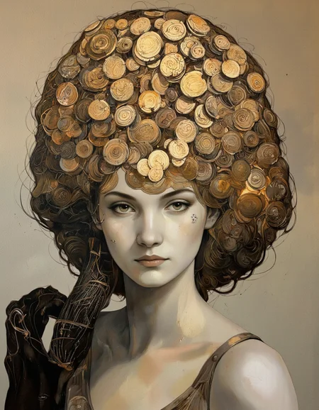 A modern painting abstract style by Victor Tkachenko. Surreal, abstract style, featuring a highly detailed and expressive portrait of a woman. The subject's face is rendered with intricate, swirling lines and textures that evoke a sense of depth and movement. The woman's hair is depicted with a series of interlocking, circular patterns in shades of gold, brown, and black, giving it a voluminous, almost ethereal appearance. Her eyes are large and almond-shaped, with a soft, dreamy expression, and her lips are slightly parted, adding to the serene, contemplative mood of the artwork. The background is a blend of muted, earthy tones, primarily beige and light brown, with subtle gradients that create a warm, inviting atmosphere. The woman's face is positioned slightly off-center, and her shoulders are visible, though her body is not fully detailed. The overall composition and use of color and texture suggest a blend of classical and modern art styles, with a focus on emotional depth and artistic expression. The image exudes a sense of timeless beauty and introspection, making it a captivating and thought-provoking piece of digital art.